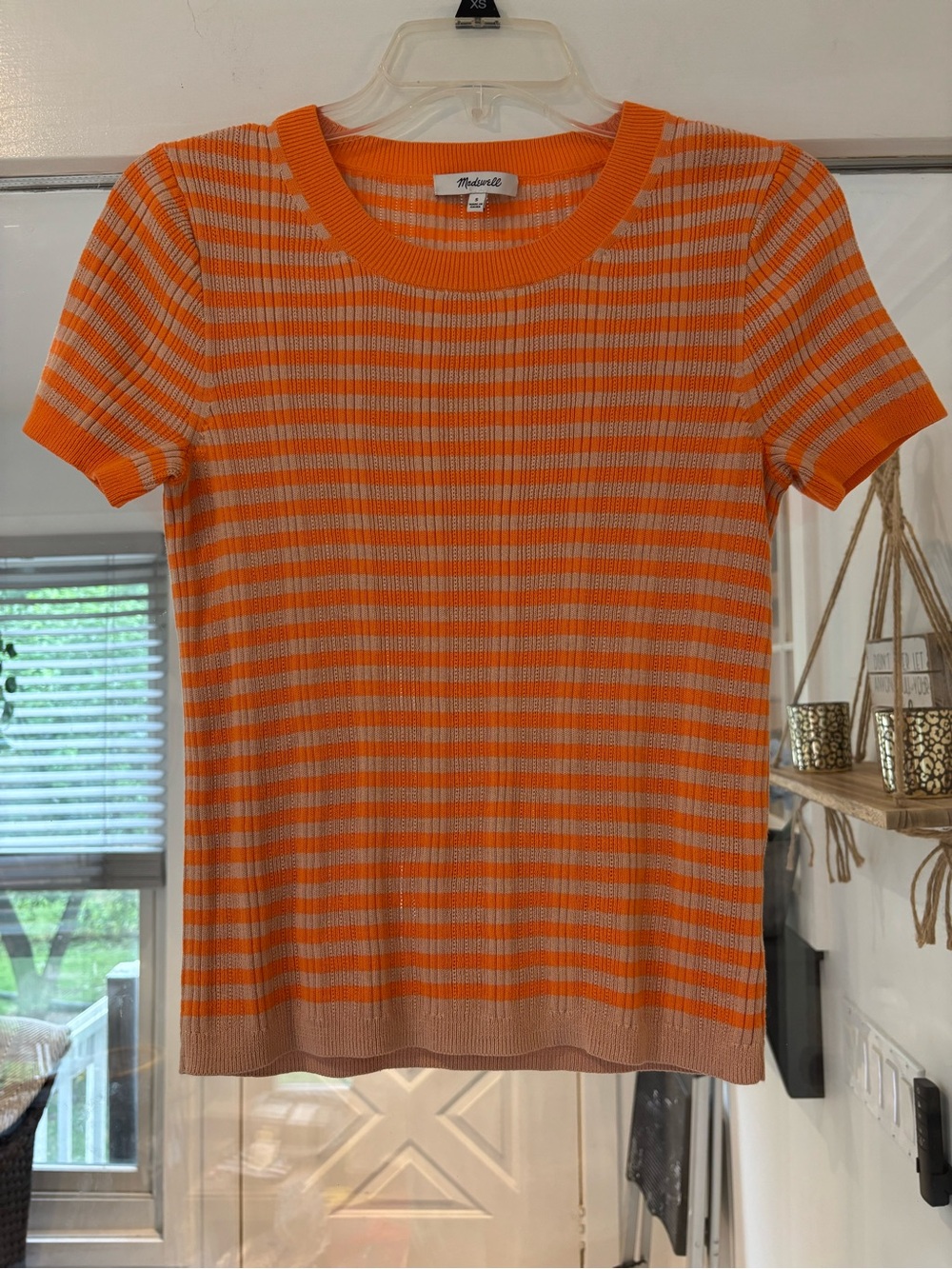 Madewell Orange and Beige Striped Short Sleeve Ribbed Top